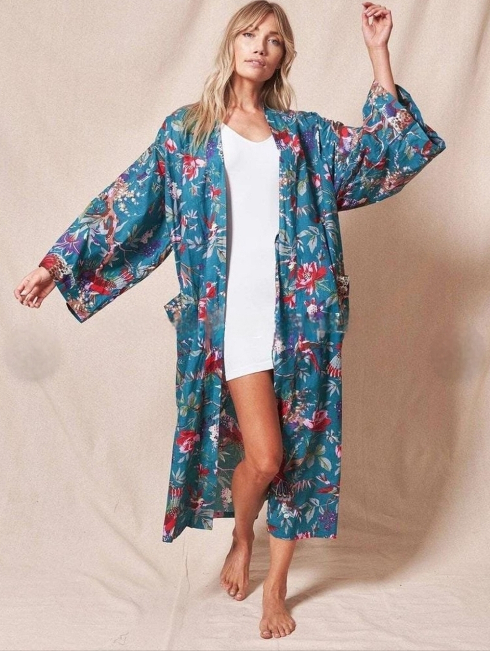 GUC Sévya Handmade "Teal Blue Rani Cotton Kimono: Bird Print" ✨️NO BELT INCLUDED